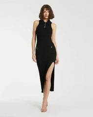 Black Rib Knit Collared Sleeveless Fitted Maxi Dress - FINAL SALE