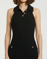 Black Rib Knit Collared Sleeveless Fitted Maxi Dress - FINAL SALE