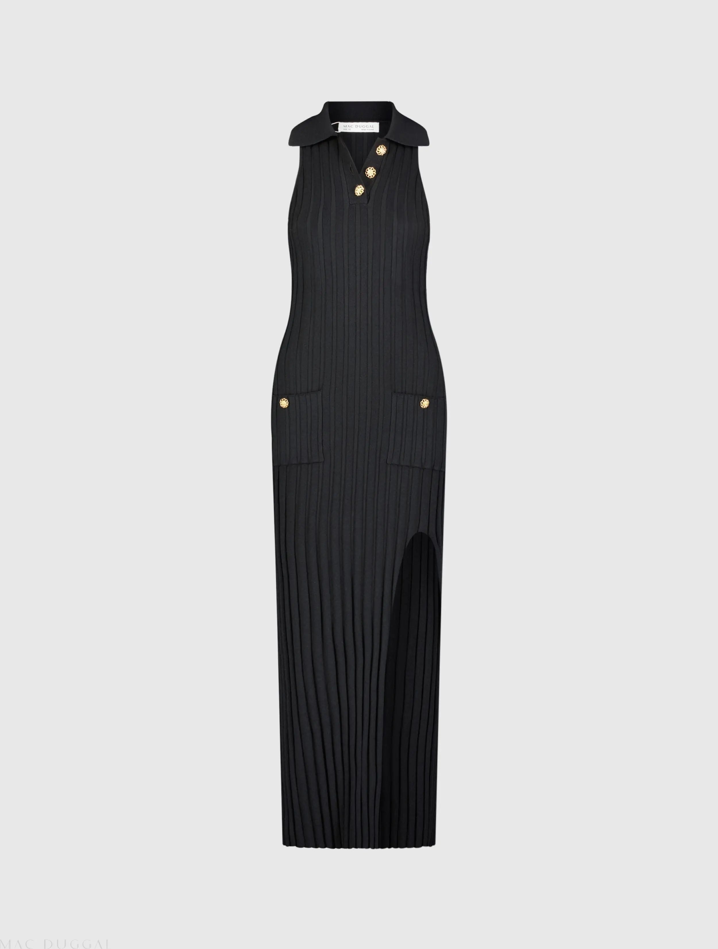 Black Rib Knit Collared Sleeveless Fitted Maxi Dress - FINAL SALE