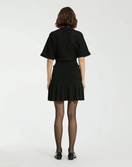 Black Short Sleeve Gold Button Front Crochet Knit Dress with Pleated Hem - FINAL SALE