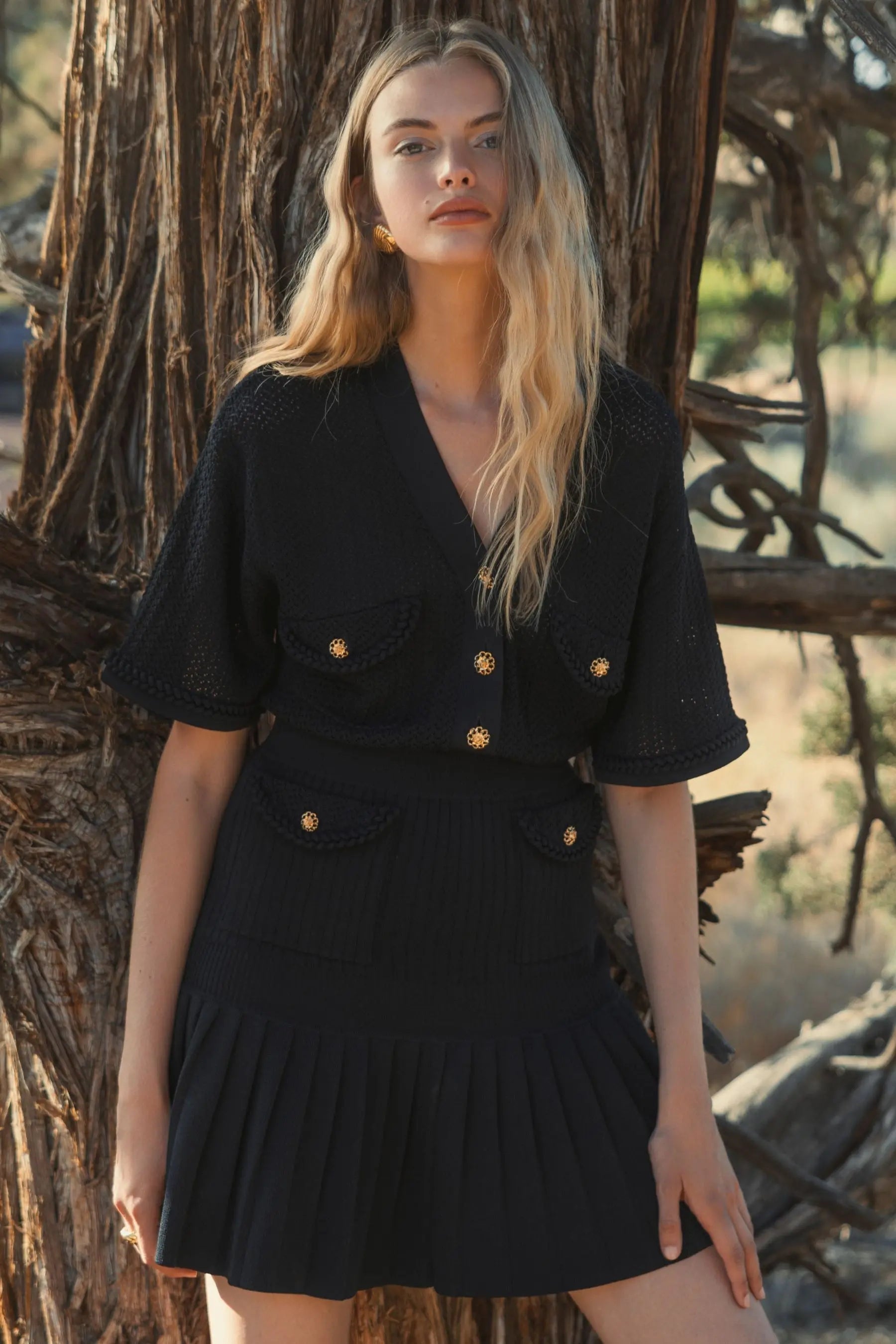 Black Short Sleeve Gold Button Front Crochet Knit Dress with Pleated Hem - FINAL SALE