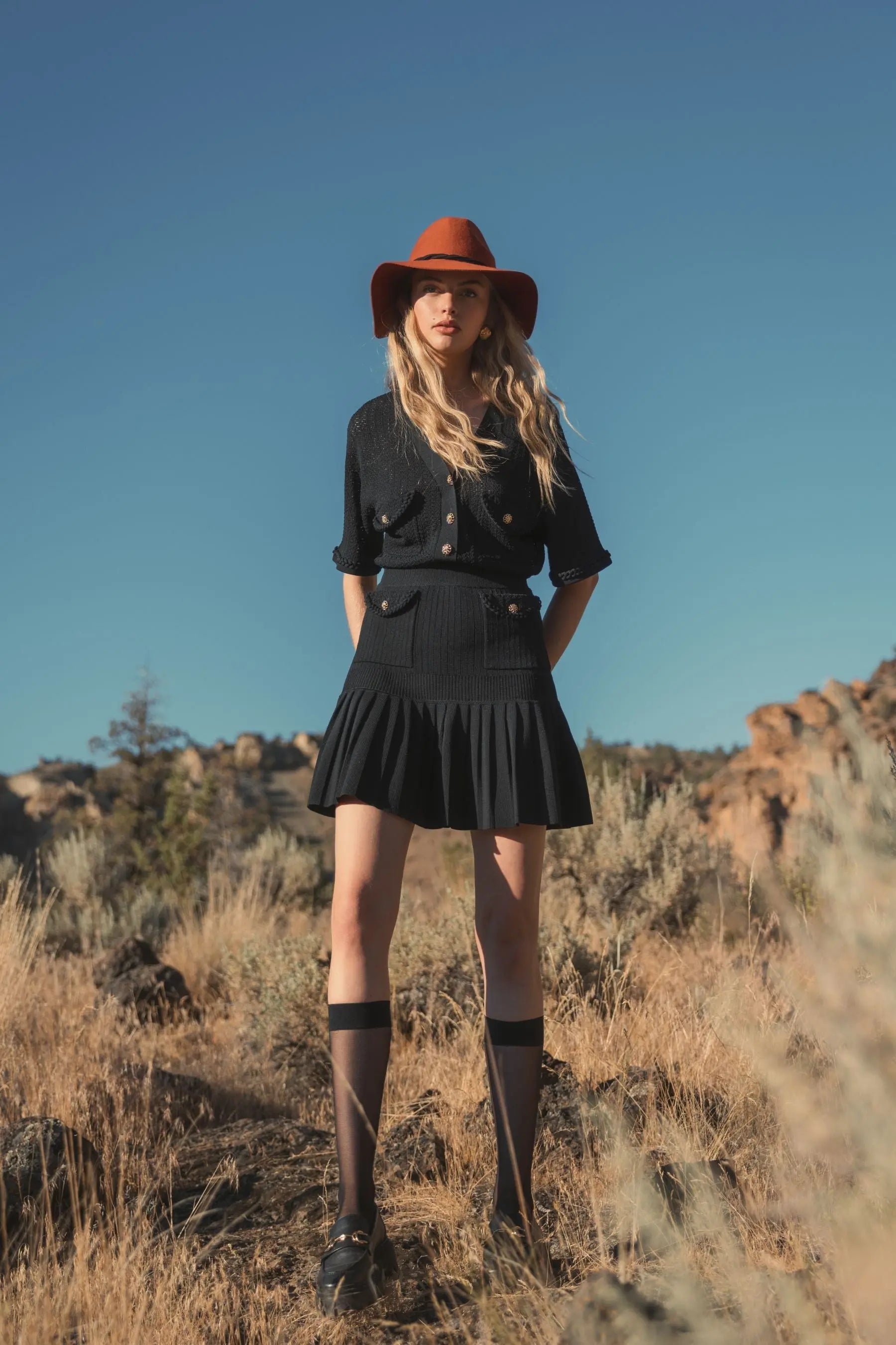 Black Short Sleeve Gold Button Front Crochet Knit Dress with Pleated Hem - FINAL SALE