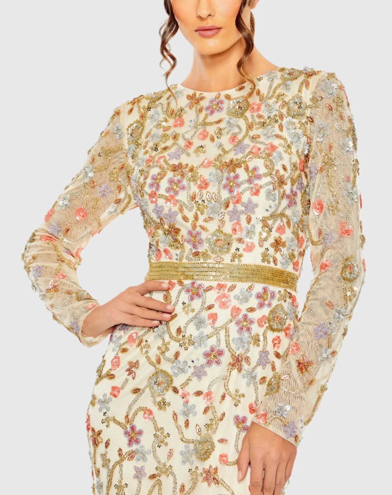 White Long Sleeve Floral Embellished Gown