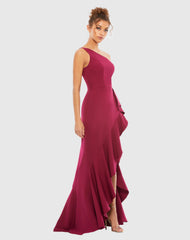 Purple One Shoulder High Slit Ruffle Gown