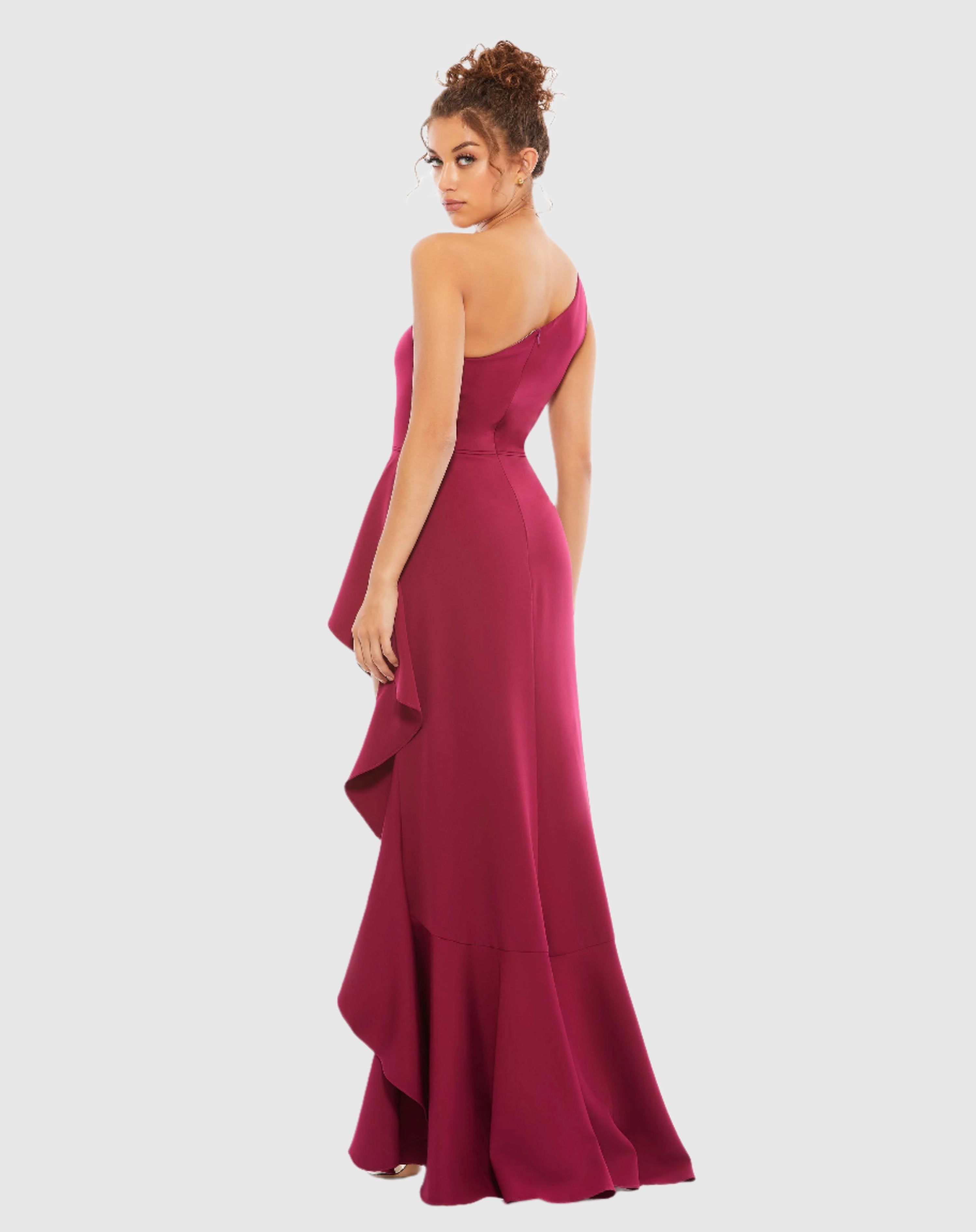 Purple One Shoulder High Slit Ruffle Gown