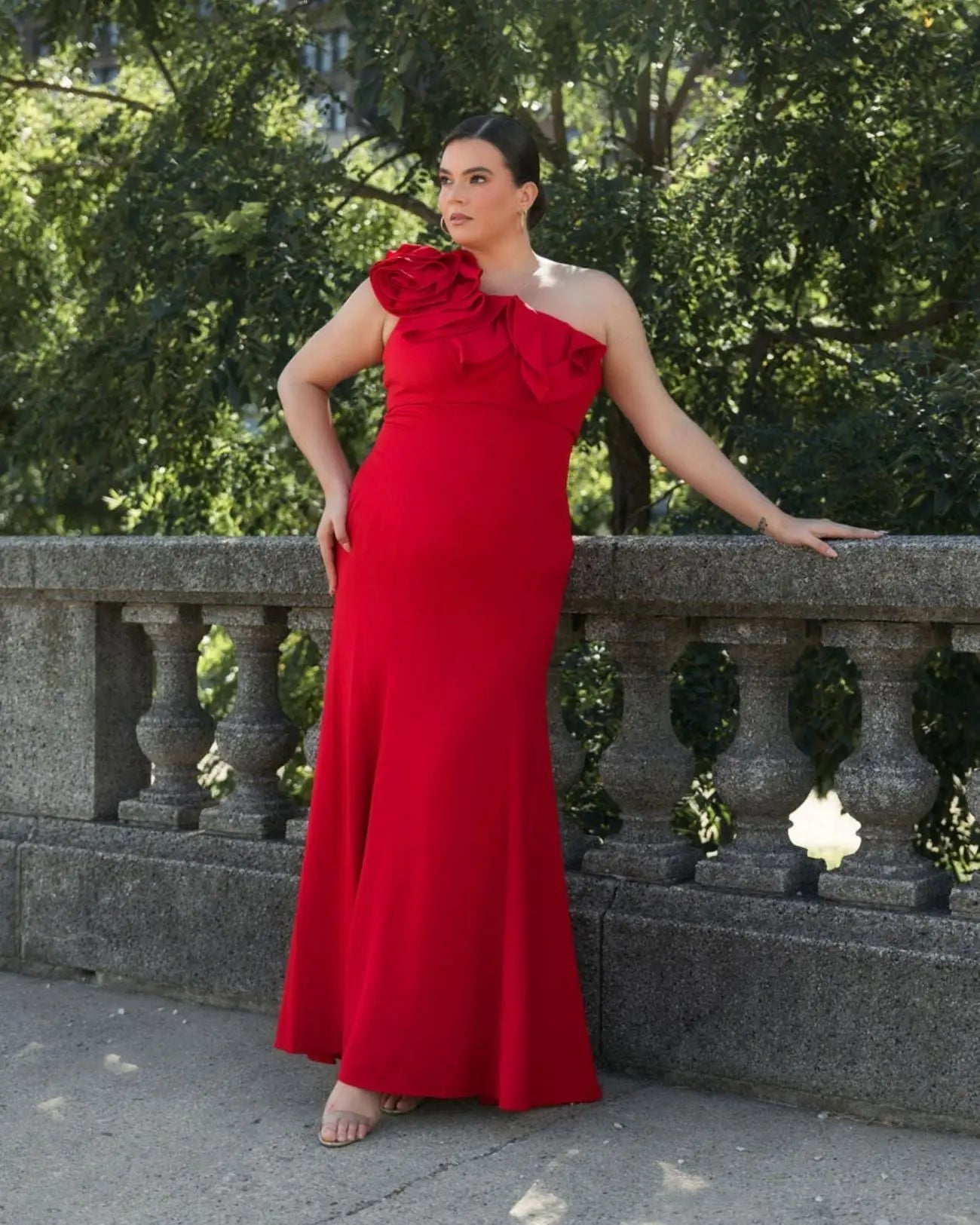 Red One Shoulder Ruffle Detailed Gown (Plus) - FINAL SALE