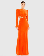 Orange Long Sleeve Puff Shoulder Cut Out Gown - FINAL SALE