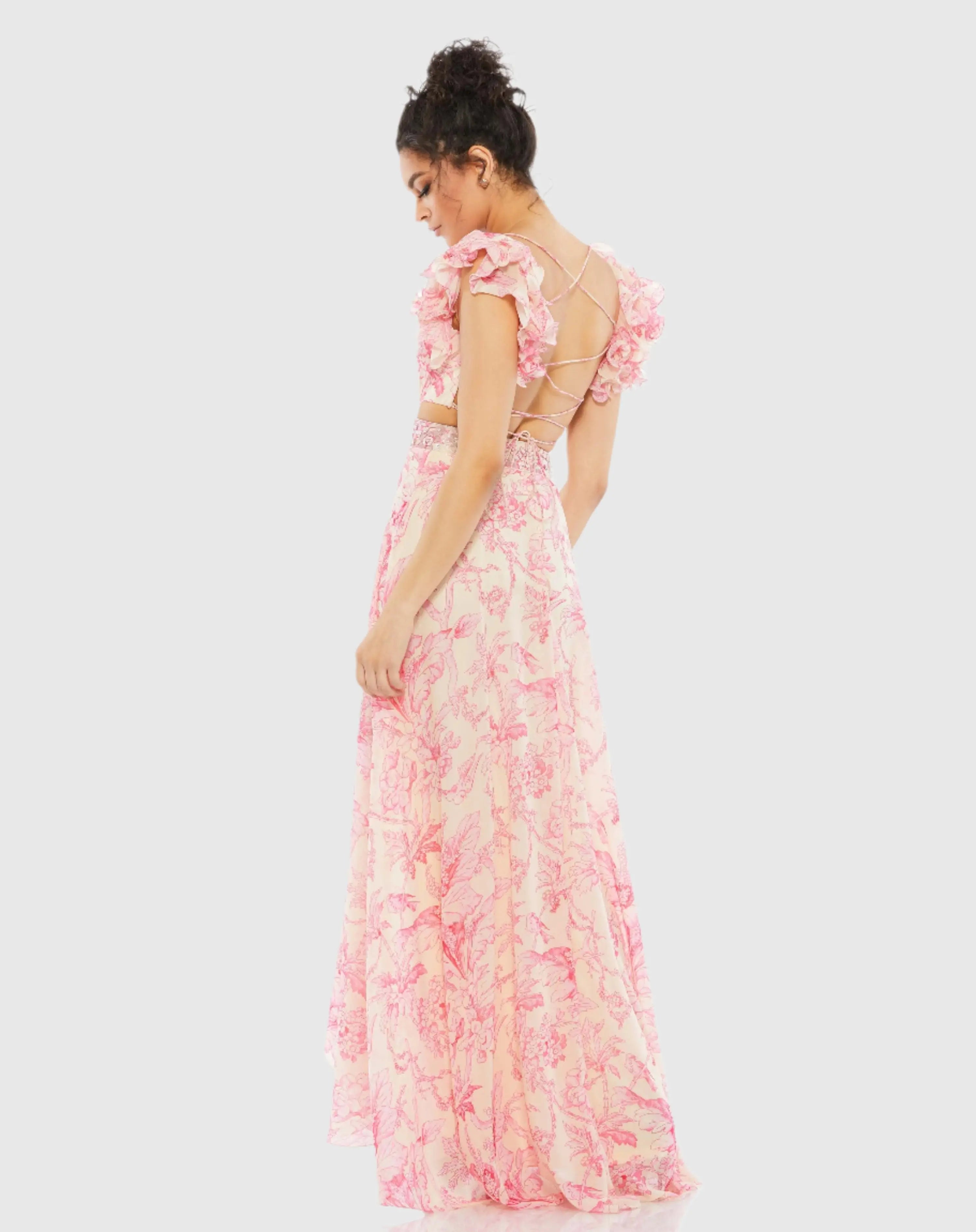 Pink Floral Printed Ruffle Shoulder Lace Up Gown