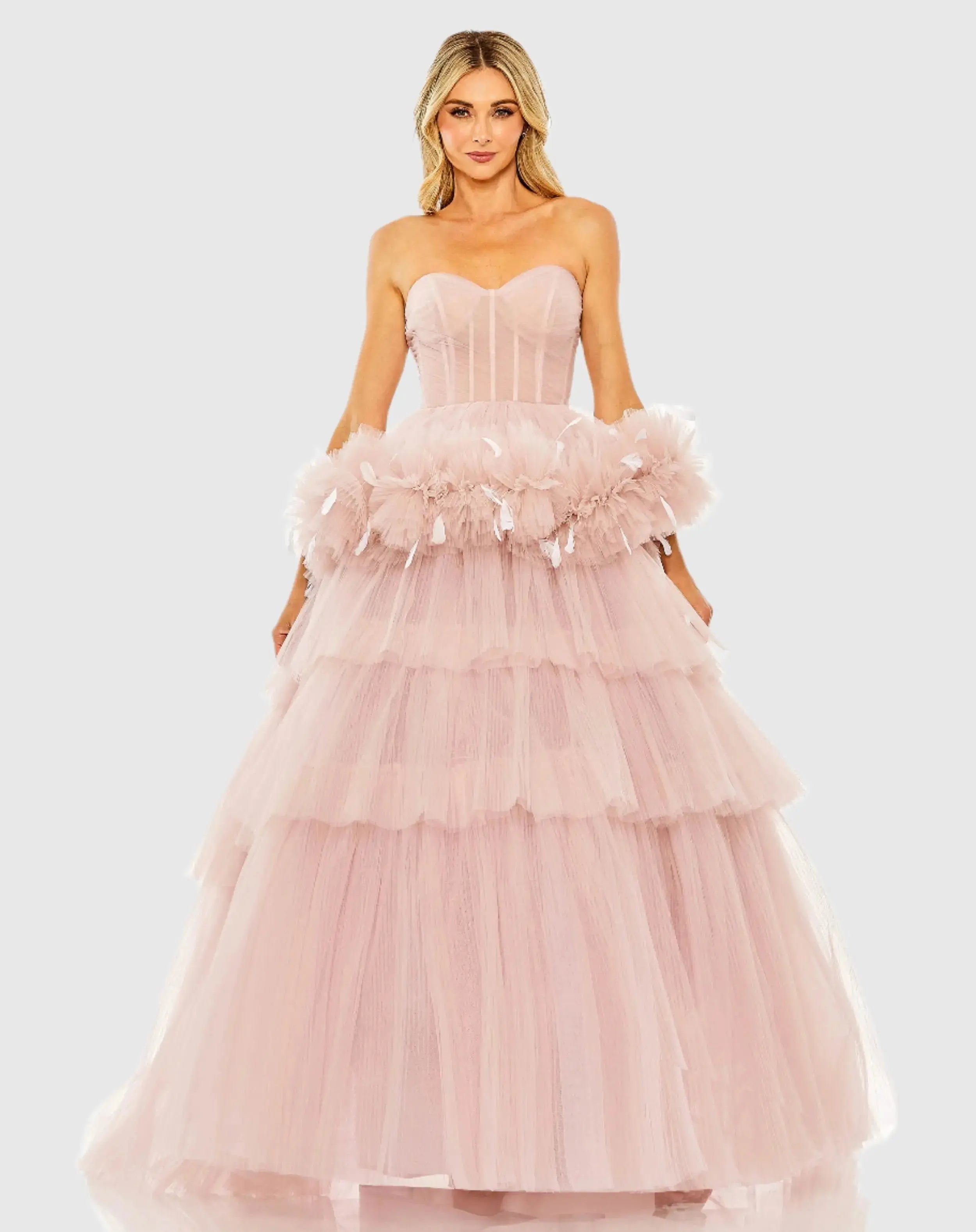 Strapless Tulle Gown with Feather Detail