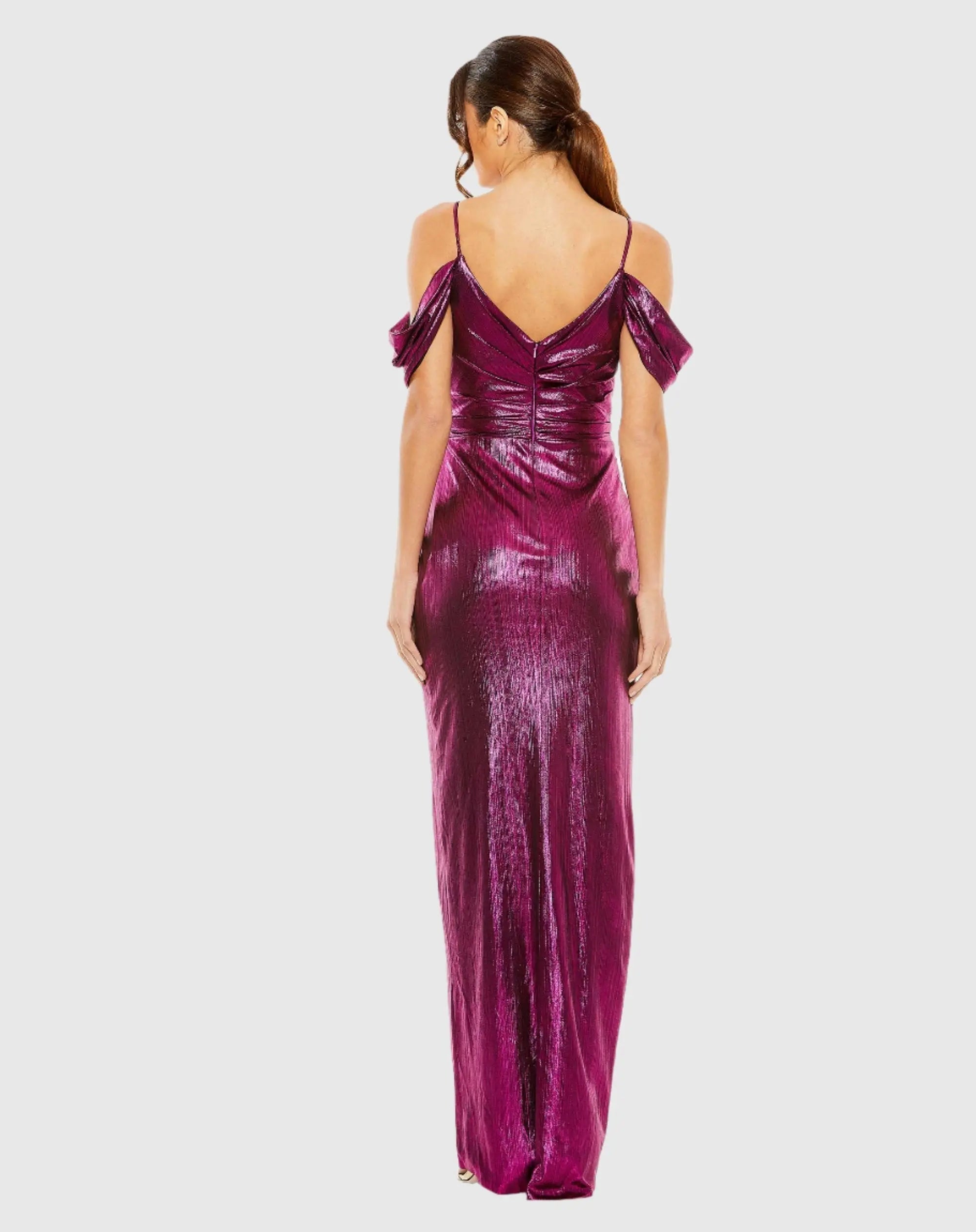 Purple Off The Shoulder Cap Sleeve Faux Wrap Gown