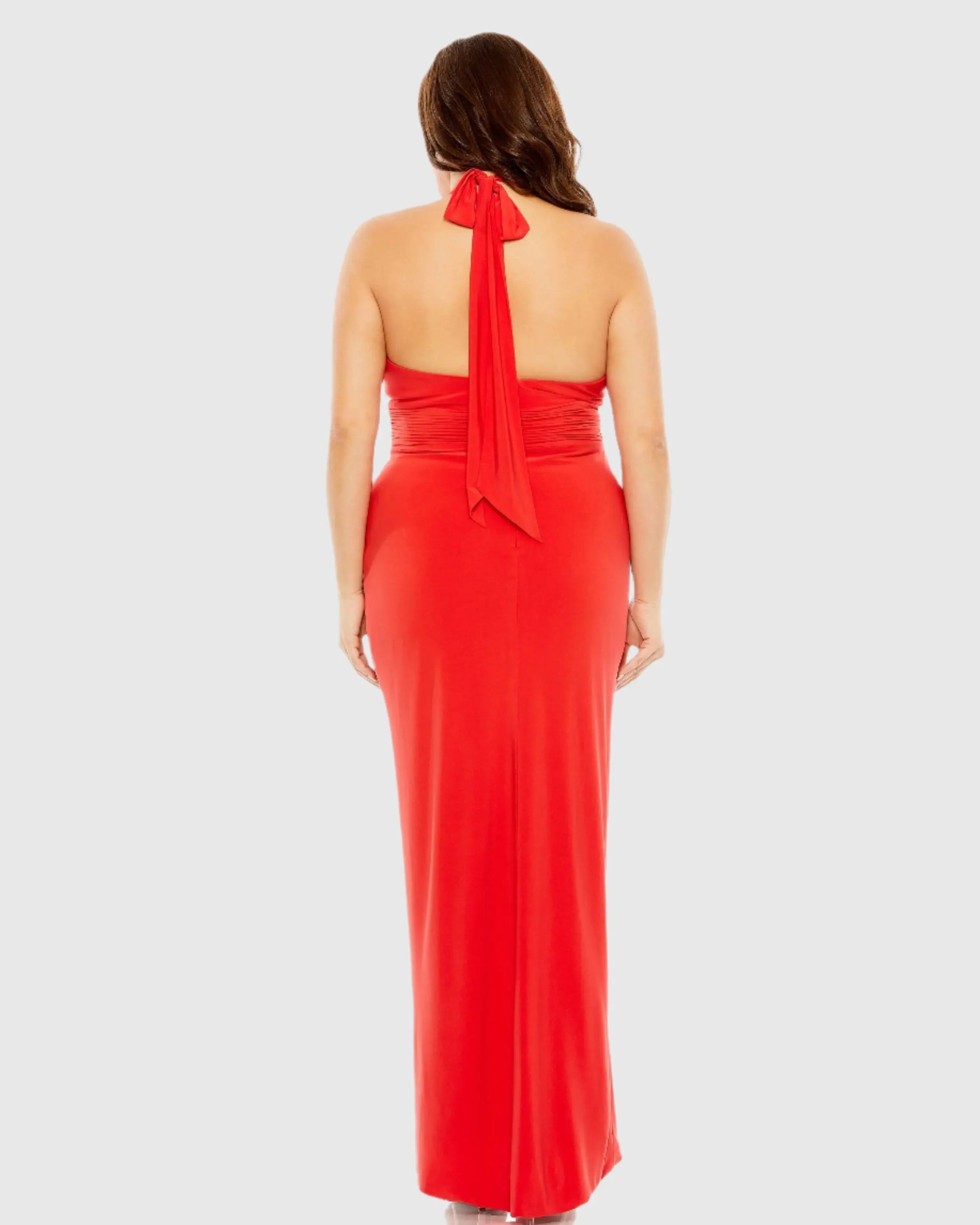 Red Halter Tie Keyhole Detail Gown with Slit (Plus) - FINAL SALE