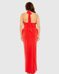 Red Halter Tie Keyhole Detail Gown with Slit (Plus) - FINAL SALE
