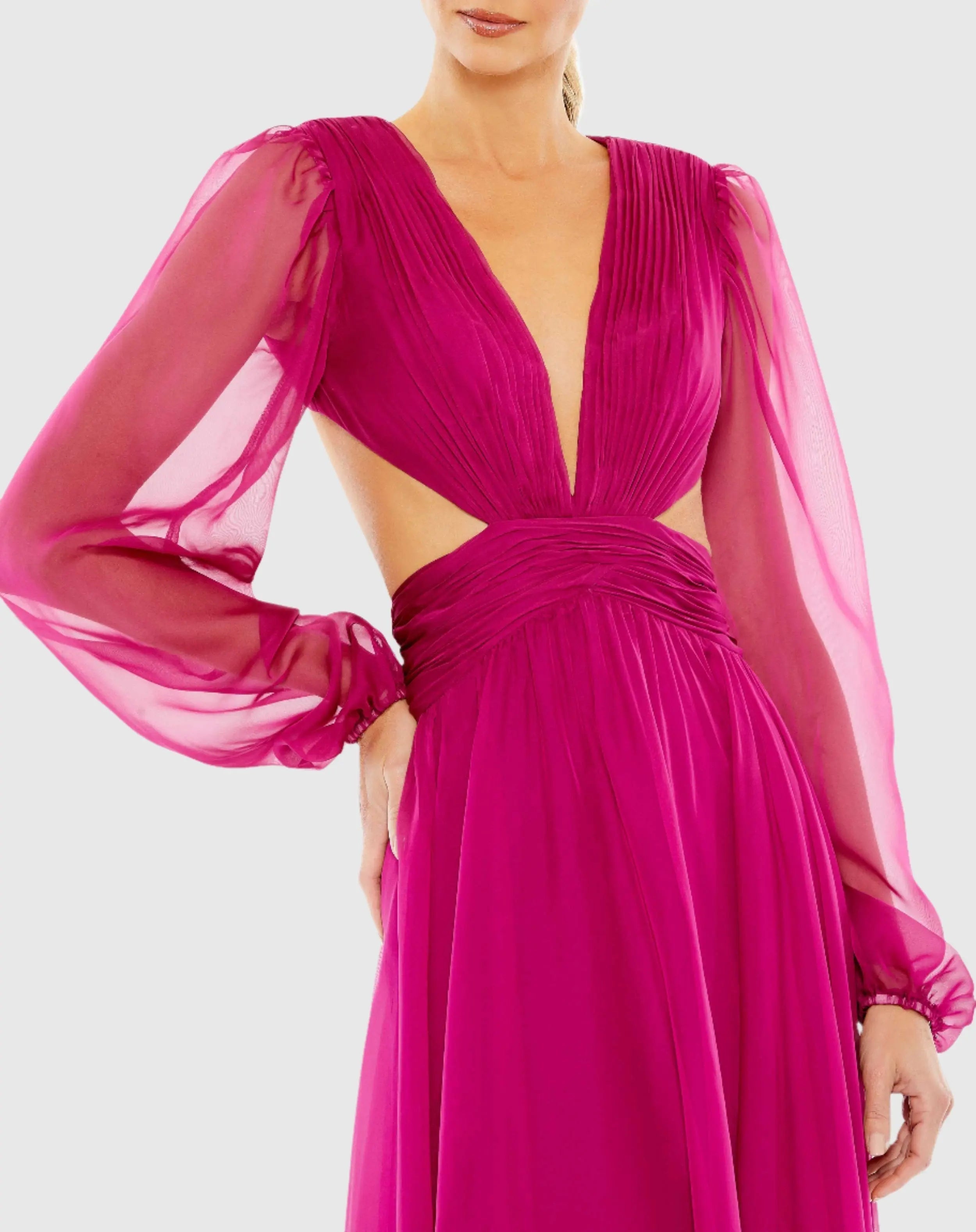 Purple Ruched Cut Out Puff Sleeve A Line Gown