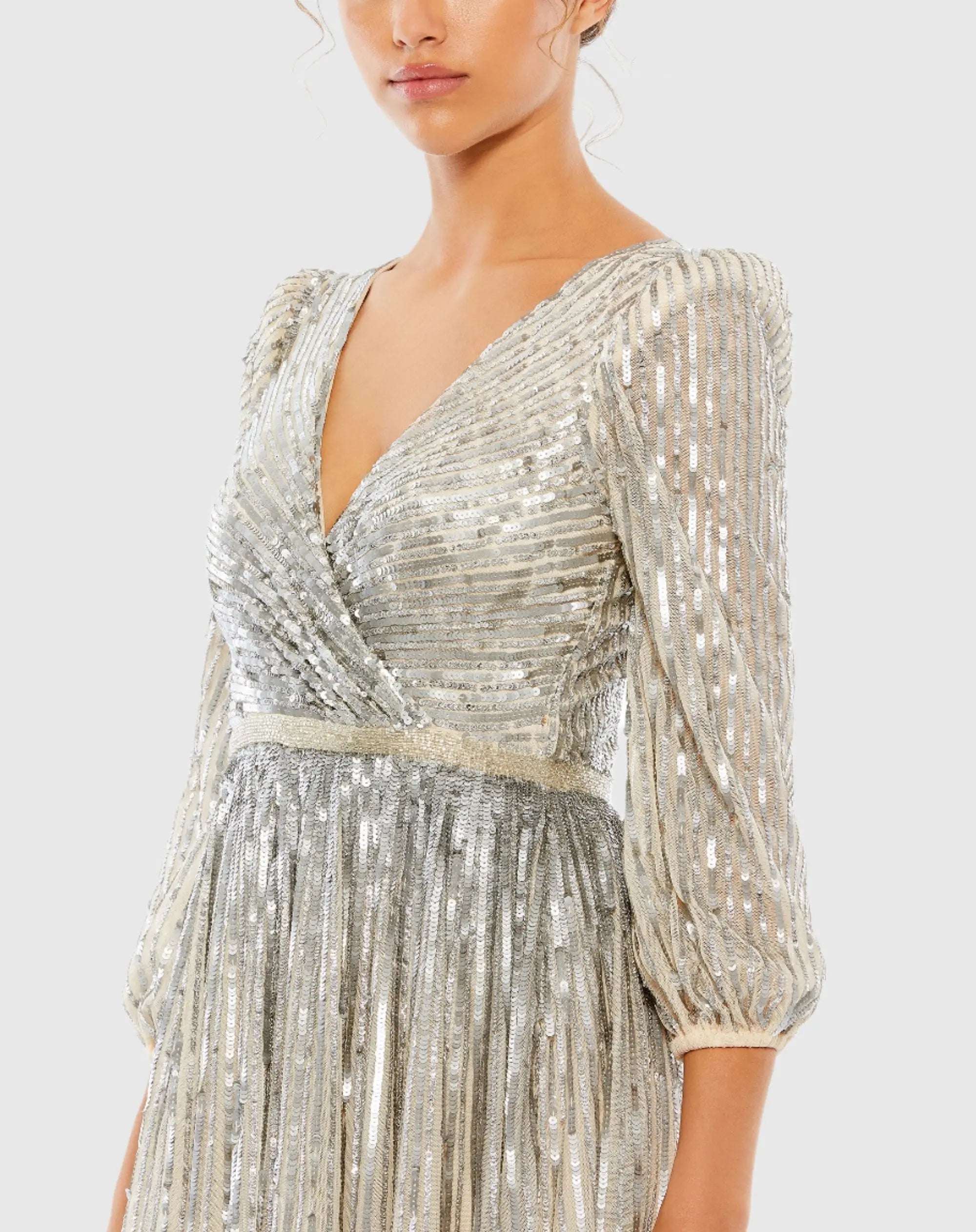 Silver and Beige Sequined Wrap Over 3/4 Sleeve Gown