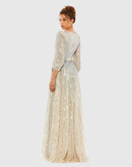 Silver and Beige Sequined Wrap Over 3/4 Sleeve Gown