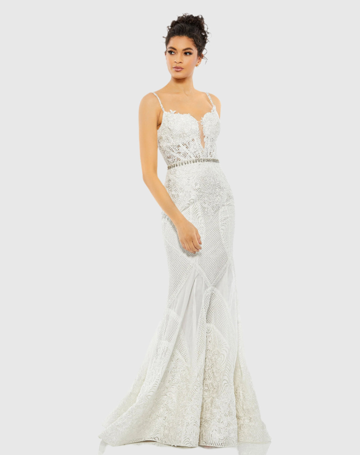 White Embroidered Sleeveless Plunge Neck Trumpet Gown