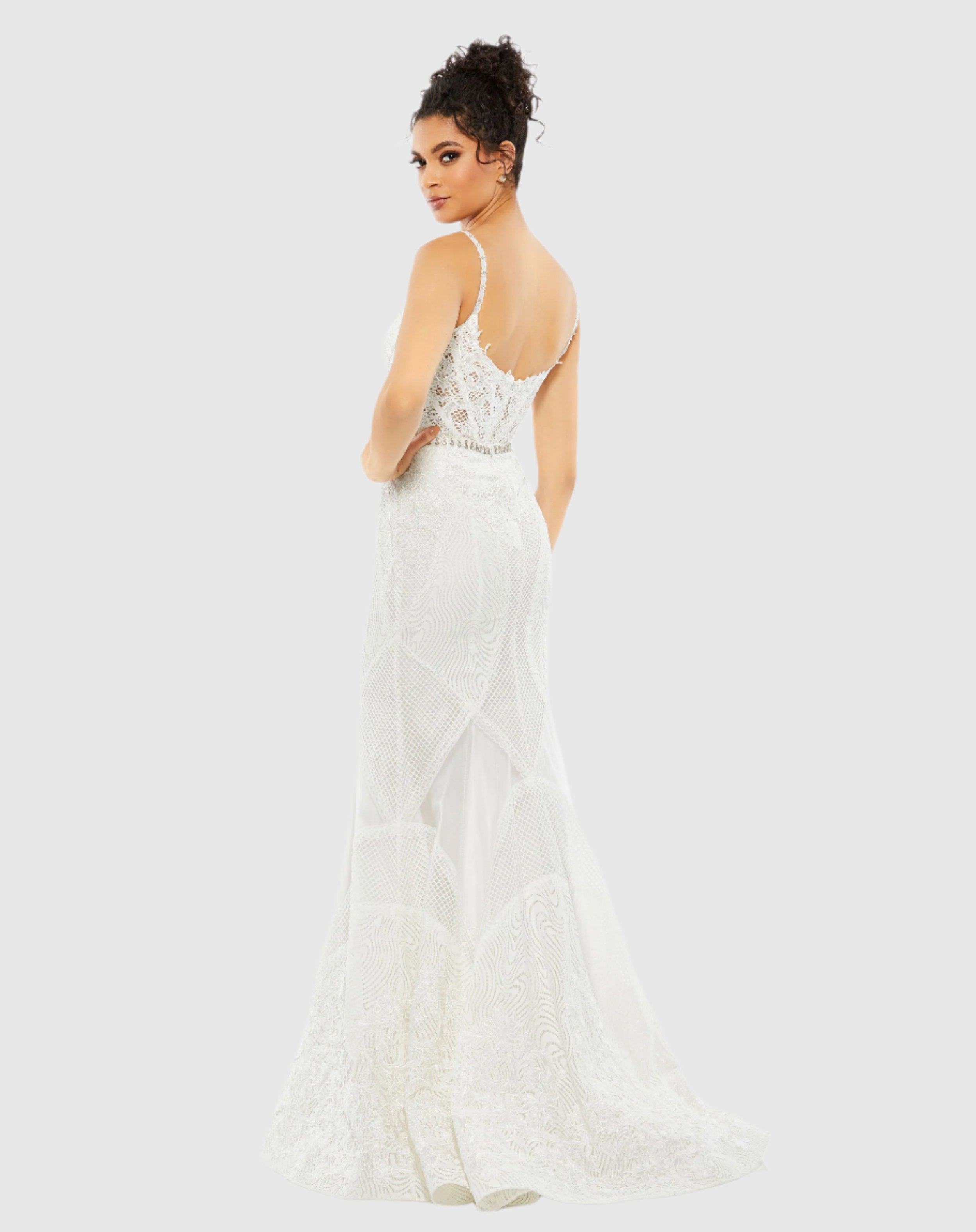 White Embroidered Sleeveless Plunge Neck Trumpet Gown