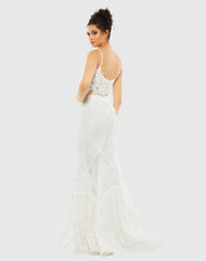 White Embroidered Sleeveless Plunge Neck Trumpet Gown