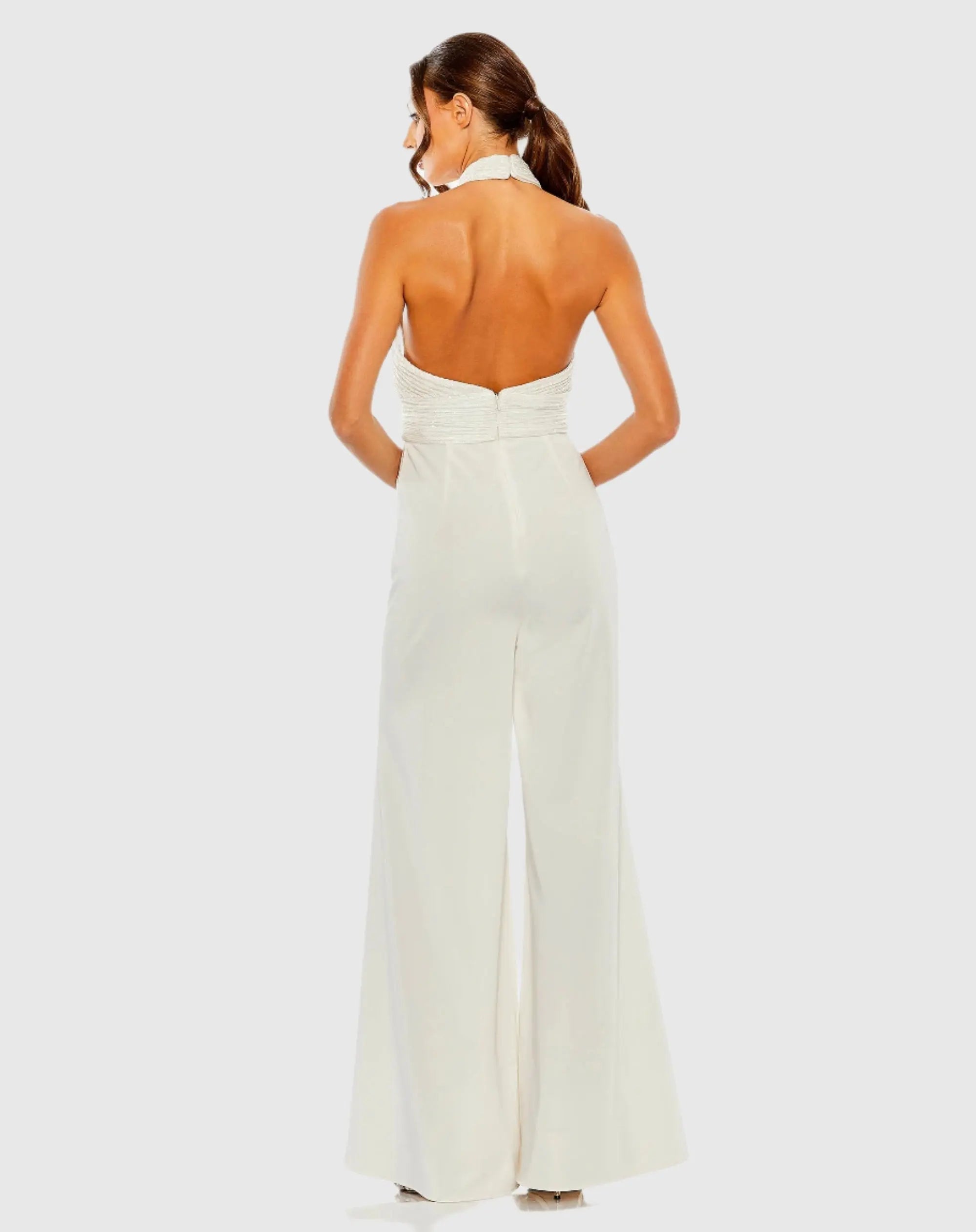 White Sequined Cross Neck Halter Jumpsuit