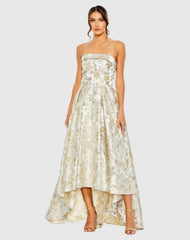 White and Gold Brocade Strapless Golden Floral High Low Gown