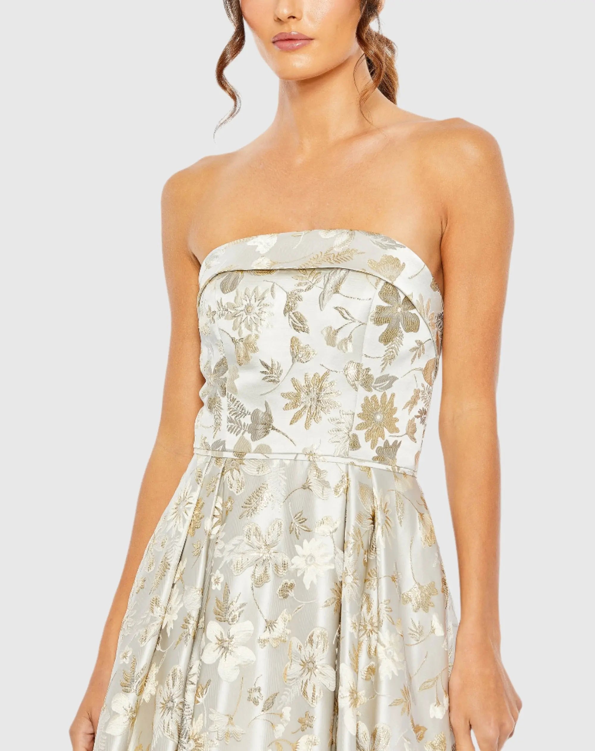 White and Gold Brocade Strapless Golden Floral High Low Gown
