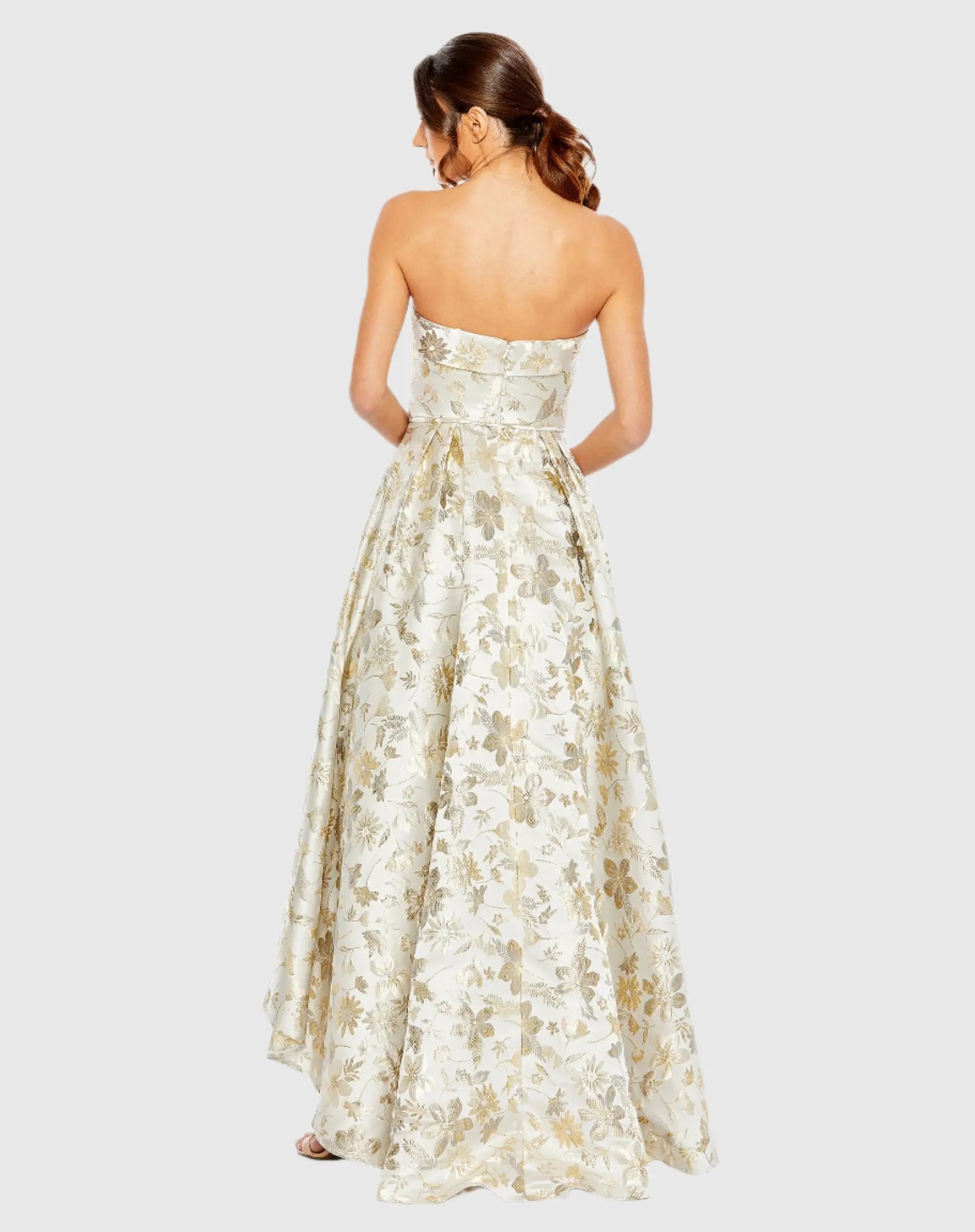 White and Gold Brocade Strapless Golden Floral High Low Gown