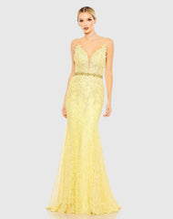 Applique Sleeveless Plunge Neck Trumpet Gown