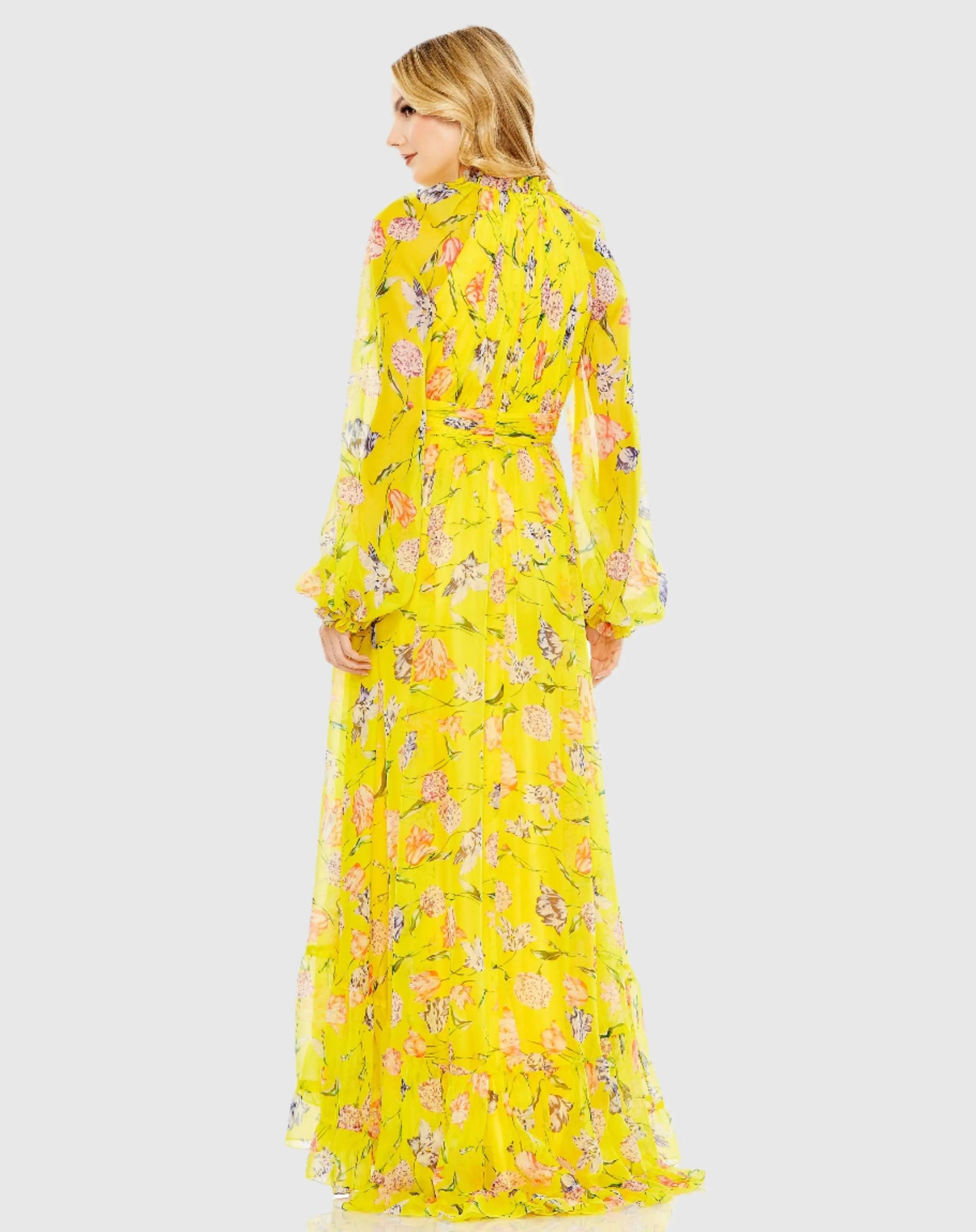 Yellow Floral Print Chiffon Ruched Raglan Sleeve Gown