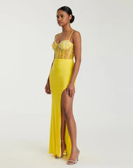 Yellow Spaghetti Strap Beaded Sheer Bodice Gown with Slit