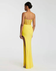 Yellow Spaghetti Strap Beaded Sheer Bodice Gown with Slit