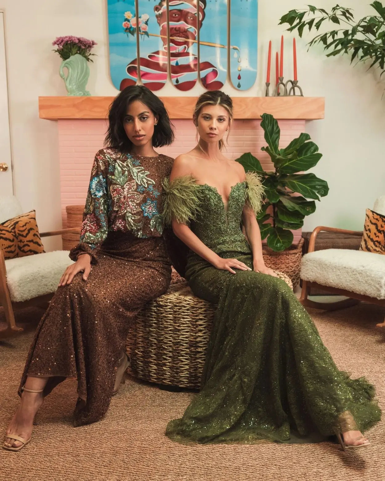 Green Feathered Crystal Embellished Sleeveless Gown